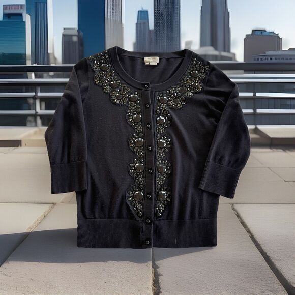 Kate Spade NY Jeweled Sweater Black Button Up 100% Cotton Dressy Ladies Medium - Picture 1 of 10